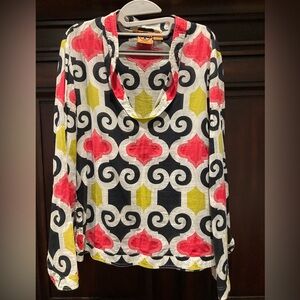 Tory Burch Red and Yellow Graphic Long Sleeve Blouse